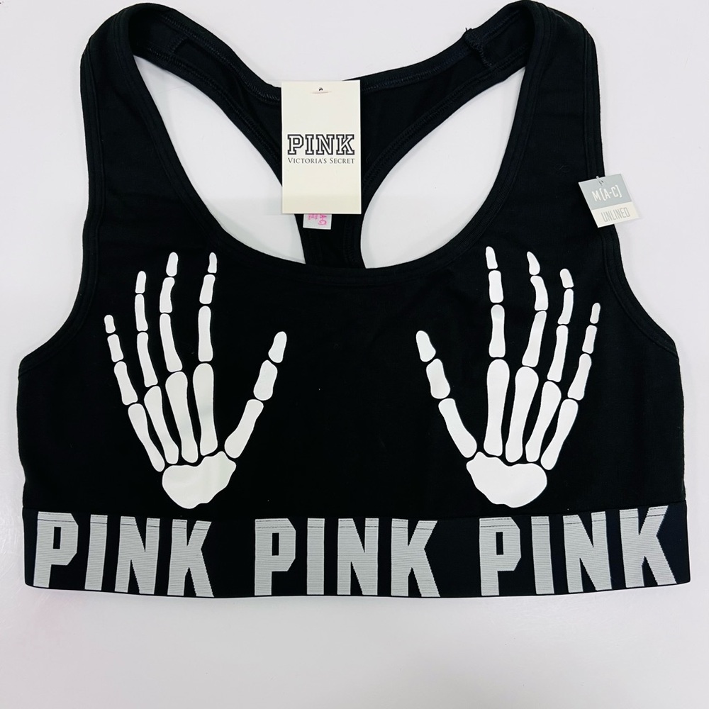 Victorias Secret Pink Halloween Skeleton Hands Sports Bra Medium NEW